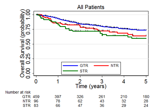 GTR=全切(術(shù)后影像學(xué)顯示無(wú)殘余組織)；NTR=近全切(術(shù)后影像學(xué)顯示殘余組織<1.5cm2)；STR=次全切(術(shù)后影像學(xué)顯示殘余組織≥1.5cm2)。