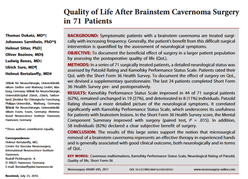 《Quality of Life After Brainstem Cavernoma Surgery in 71 Patients》